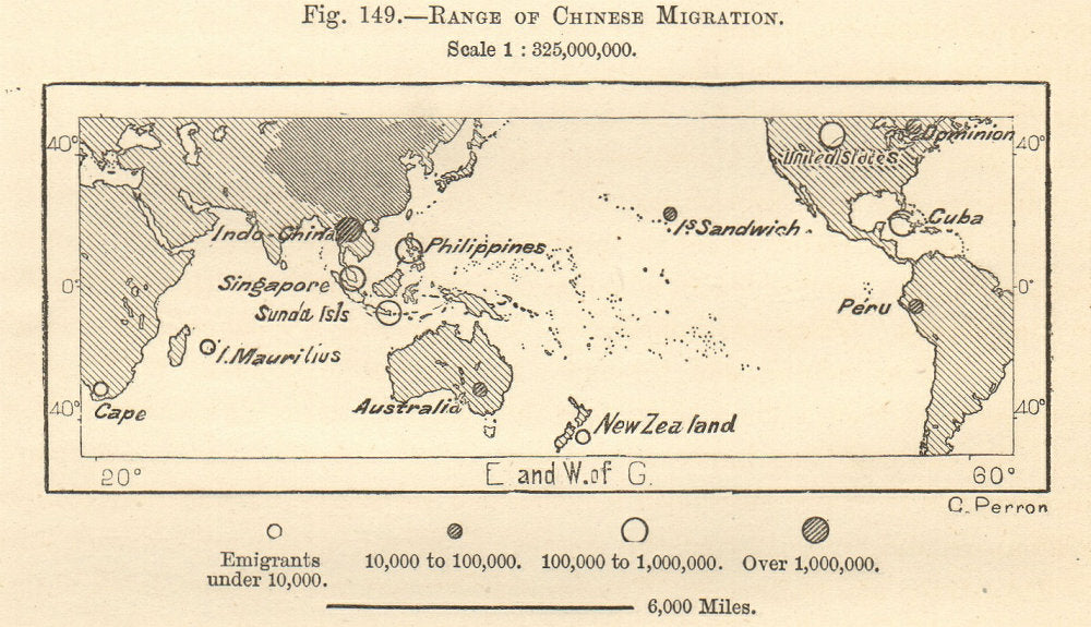 Chinese diaspora. Emigration destination countries. World. Sketch map 1885